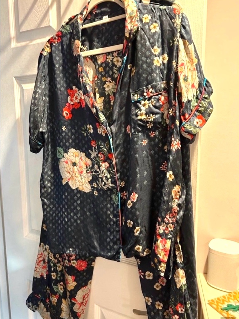 Johnny Was Navy Floral Silk Pajama Set